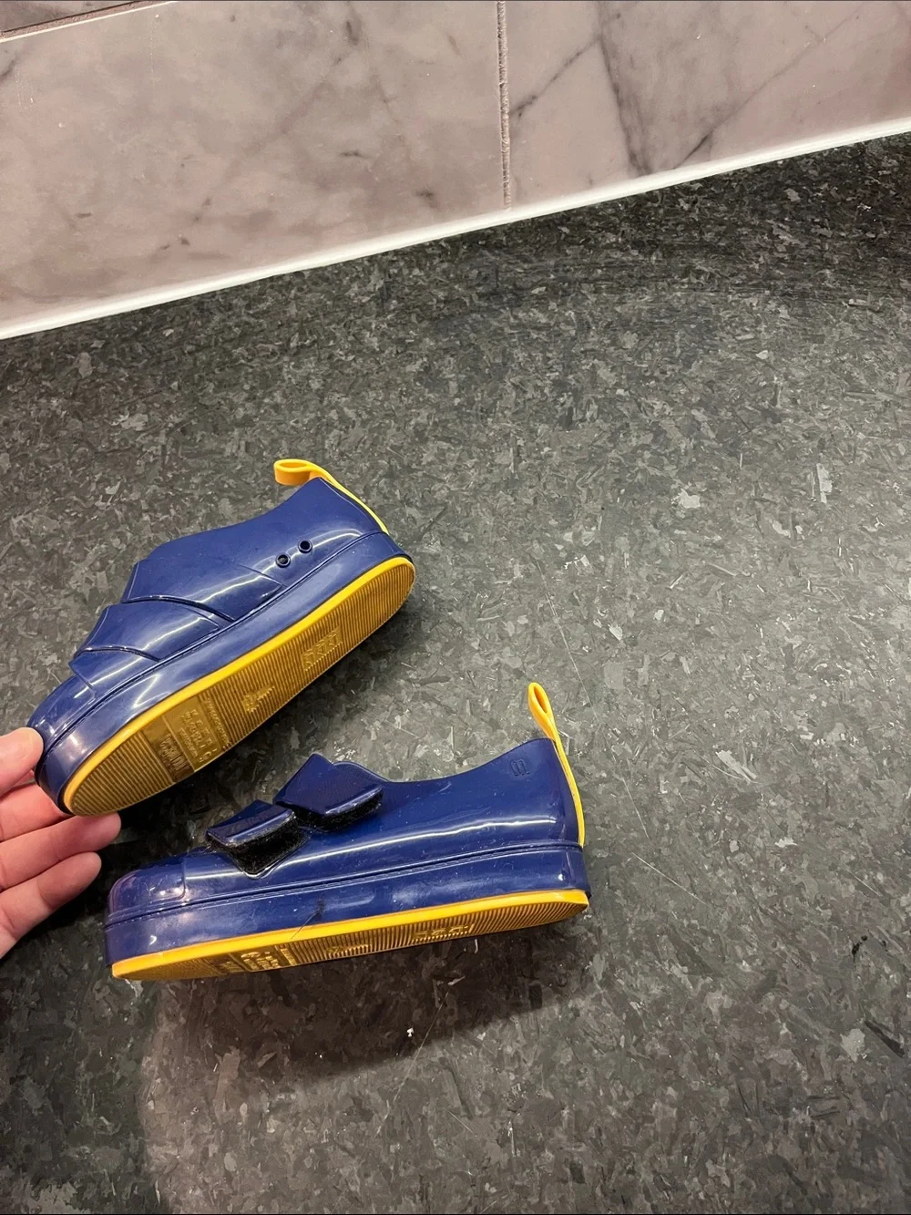 Kids MINI MELISSA Navy Blue Slip-On Shoes with Yellow Pull Tab